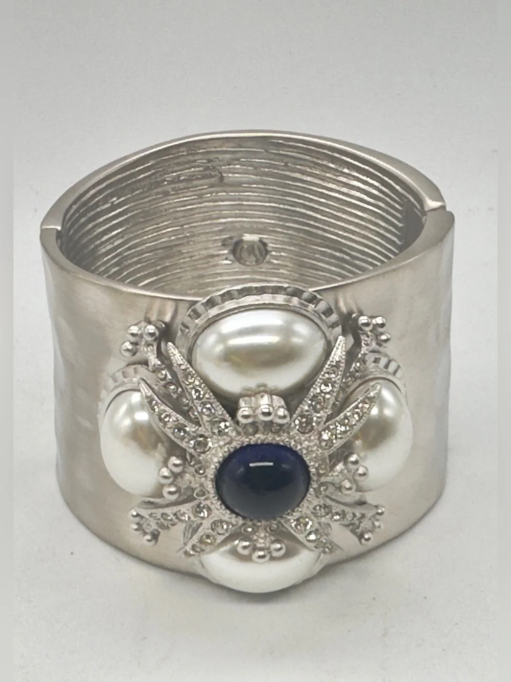 Vintage St John Cuff Bracelet Silver Tone Hinge Bangle Pearl Rhinestone 80s